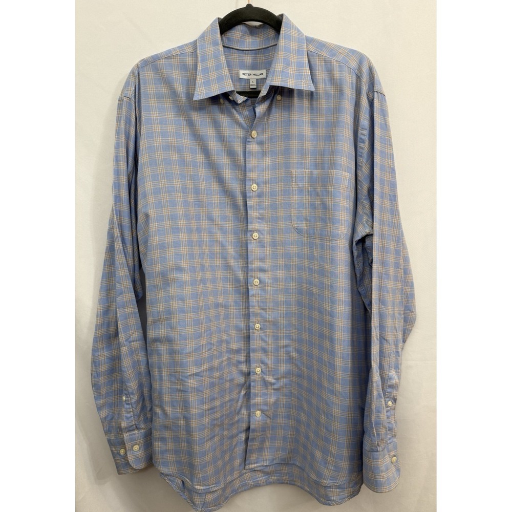 Peter Millar Mens L Blue Orange Plaid Button Down Long Sleeve Shirt 100% Cotton